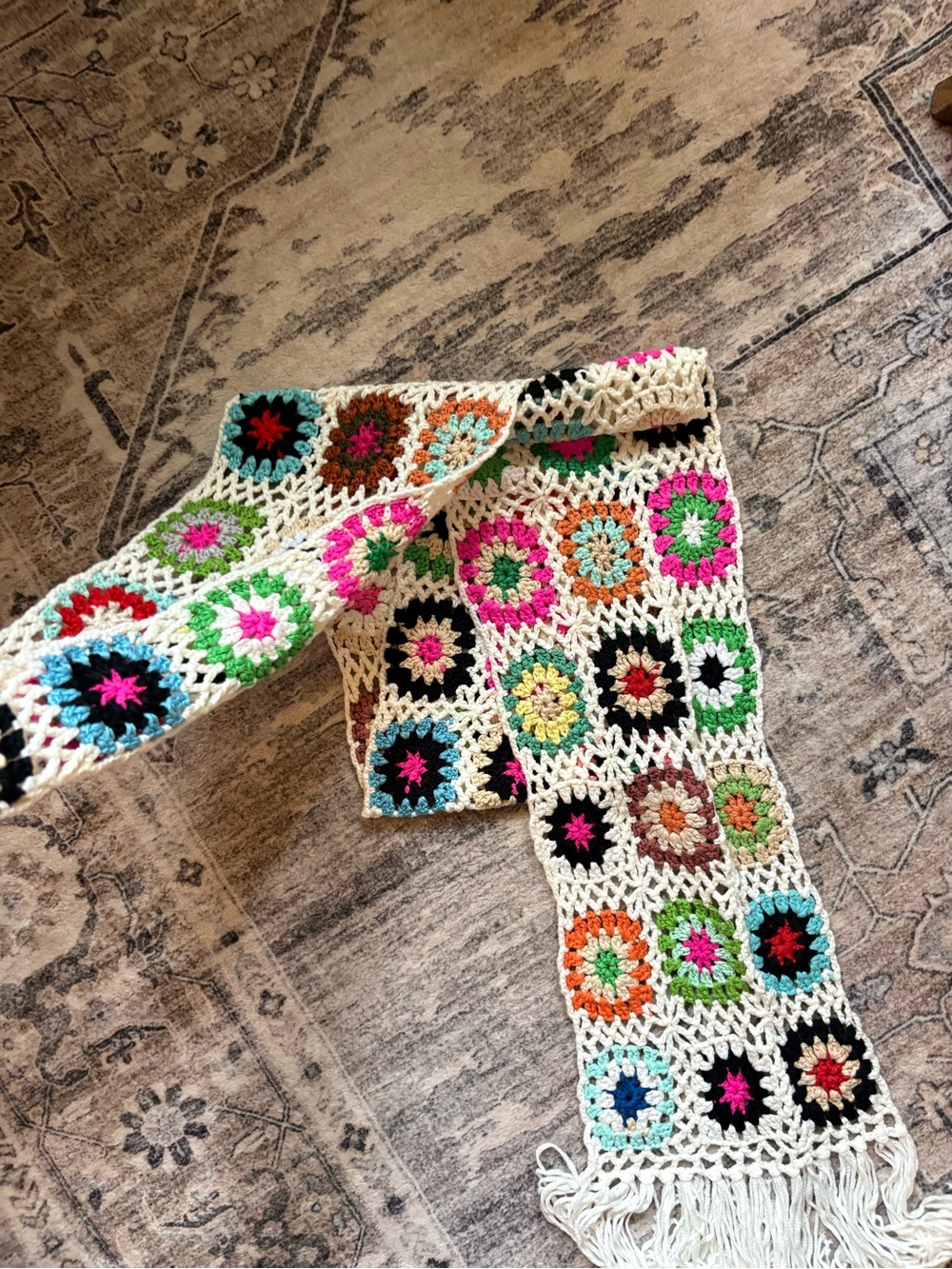 Boho Crochet Patchwork Granny Square Long Fringe festival scarf - Picture 2 of 7